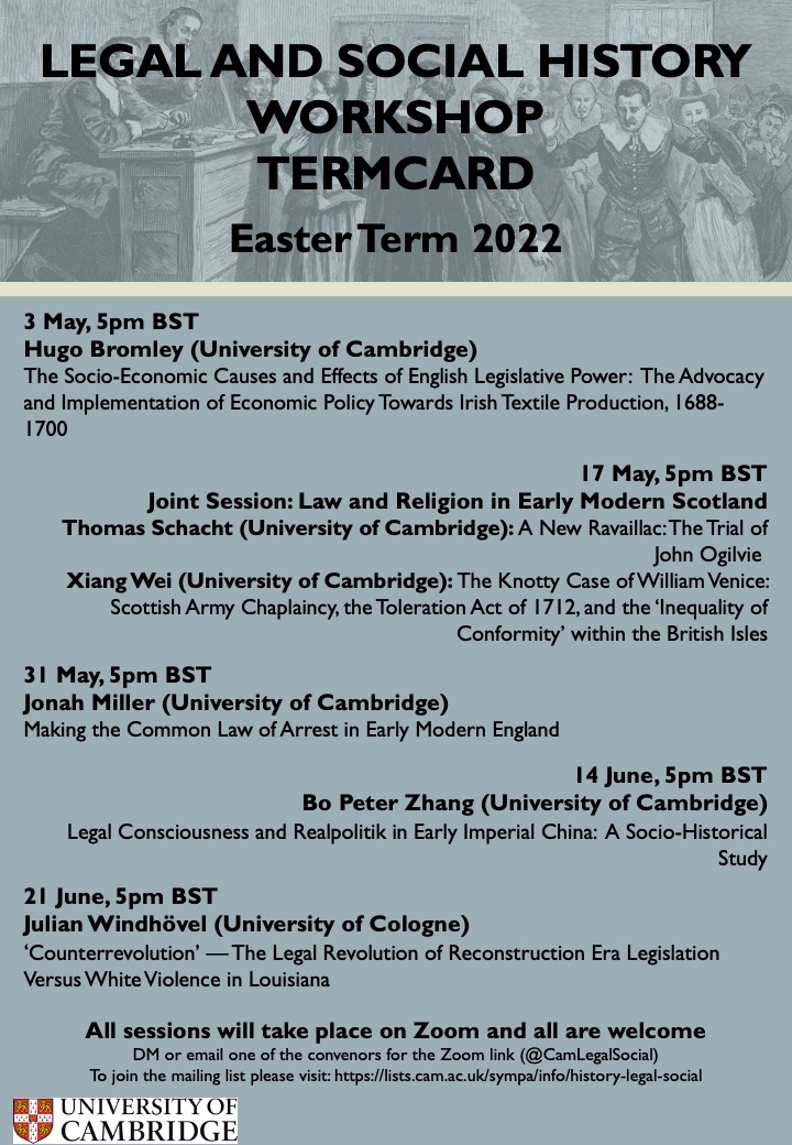 Term card displaying speakers at the Legal and Social History Workshop in Easter Term 2022