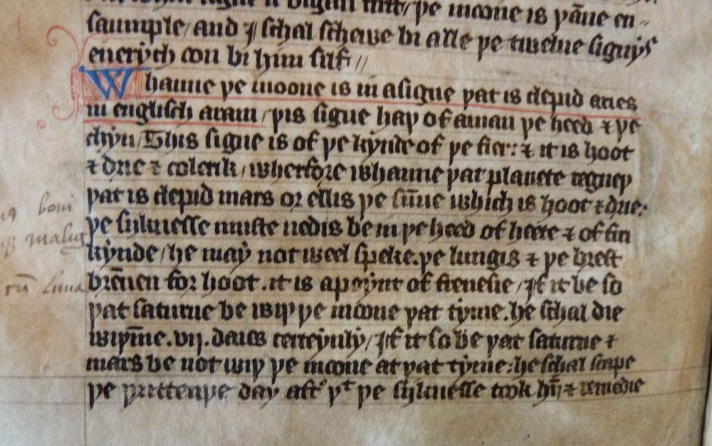 ‘When the moon in a signe called Aries, in English, a ram, this signe hath of a man the heed & the chin… it is a point of frenesie” ‘The Boke of Ypocras’, Cambridge, Gonville and Caius MS 336/725, f.102v.