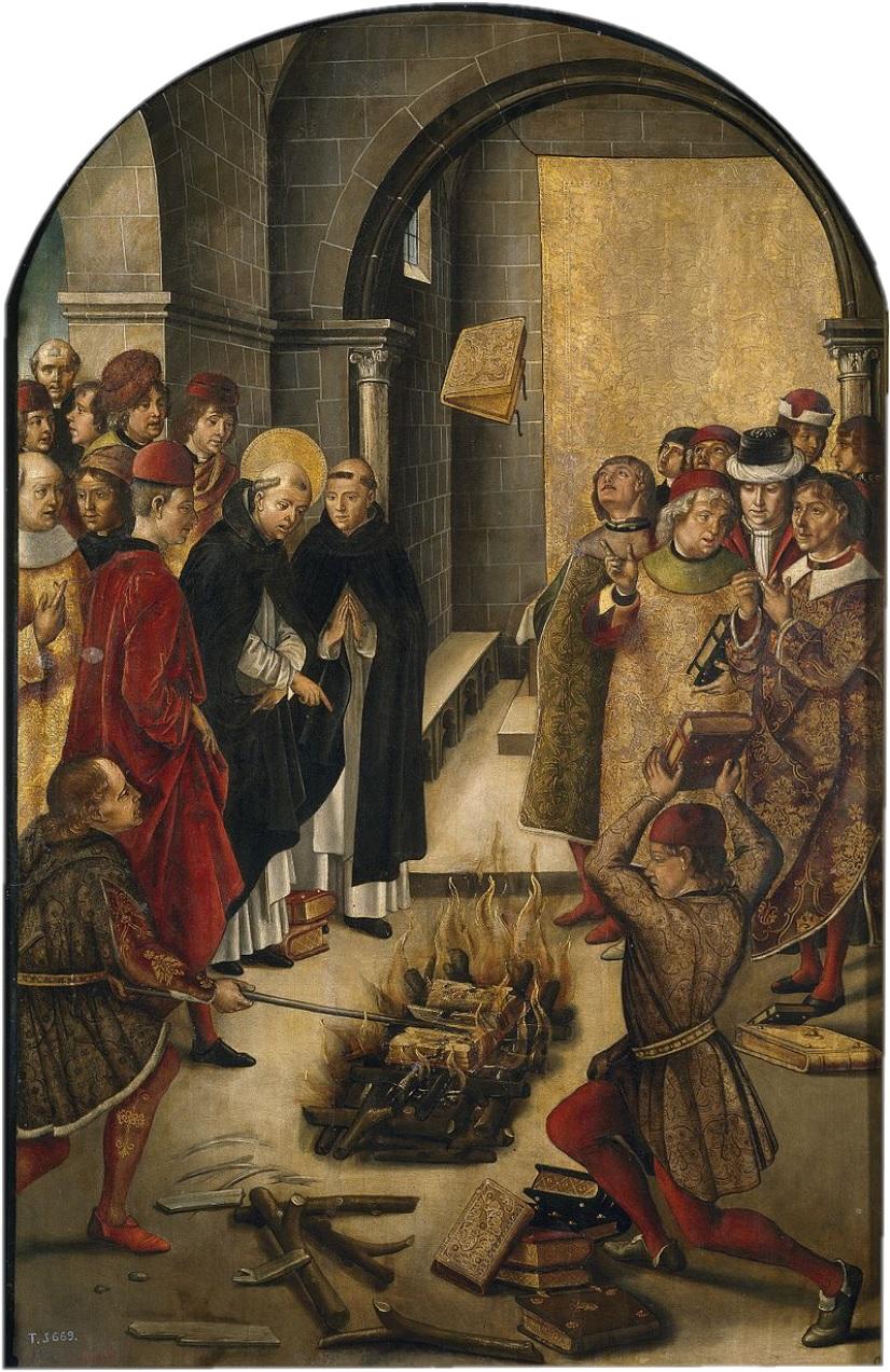 Painting of the dispute between Saint Dominic and the Cathars in which the books of both were thrown on a fire and St.Dominic's books were miraculously preserved from the flames.