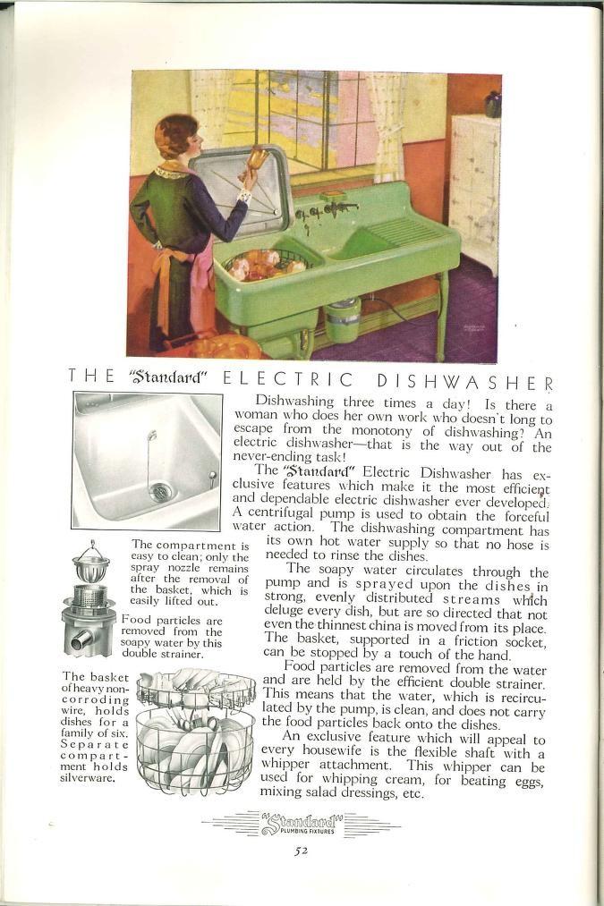 A page from a magazine, showing an advertisment for an early dishwasher. A woman admires a clean glass.