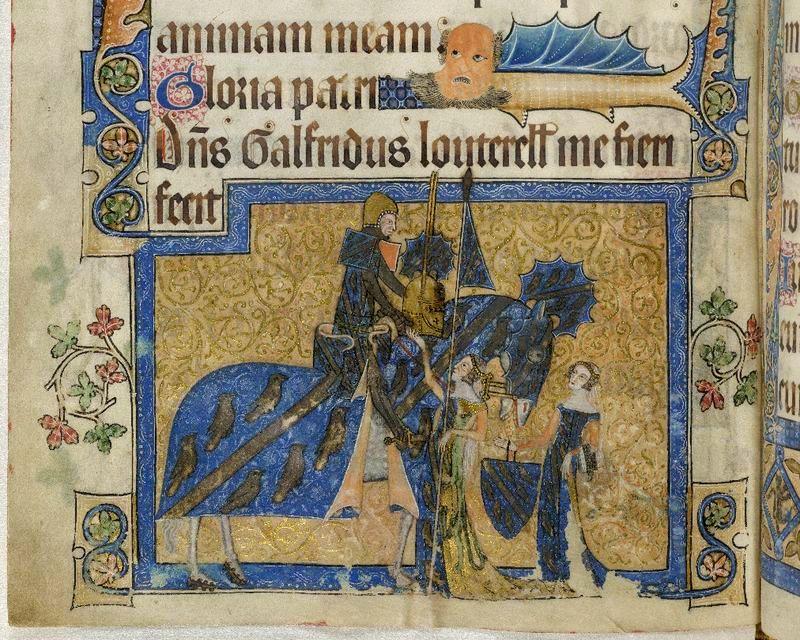 An image from the 'Luttrell Psalter' showing Sir Geoffrey Luttrell, mounted, being assisted by his wife and daughter-in-law.